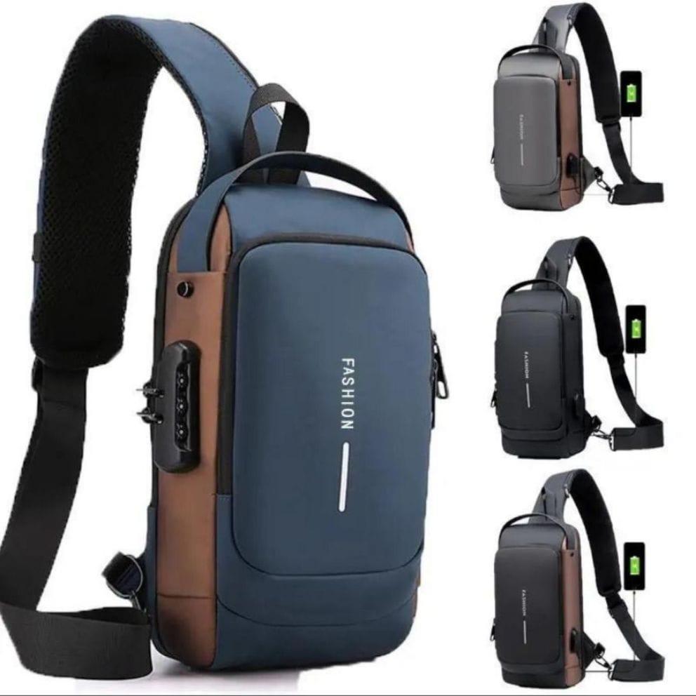 USB Charging Crossbody Bag Blue Black Brown Nylon 12"