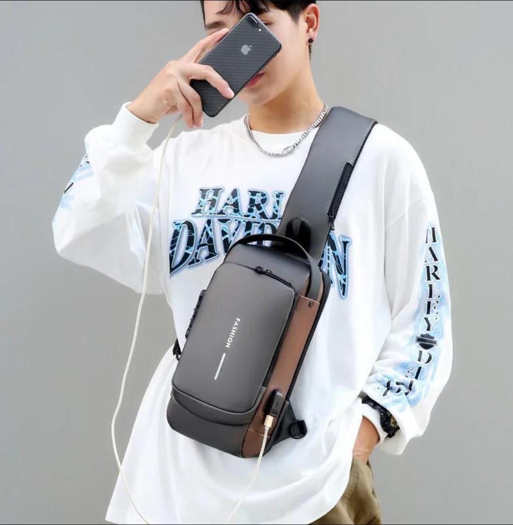 USB Charging Crossbody Bag Blue Black Brown Nylon 12"