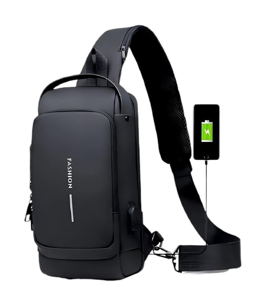 USB Charging Crossbody Bag Blue Black Brown Nylon 12"