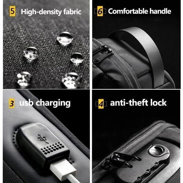 USB Charging Crossbody Bag Blue Black Brown Nylon 12"