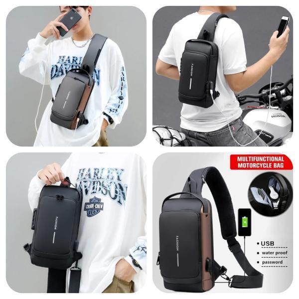 USB Charging Crossbody Bag Blue Black Brown Nylon 12"