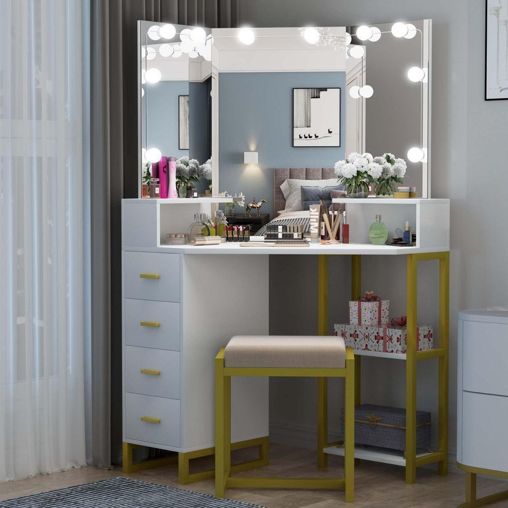 Premium Vanity Mirror with LED Lights White Gold ABS