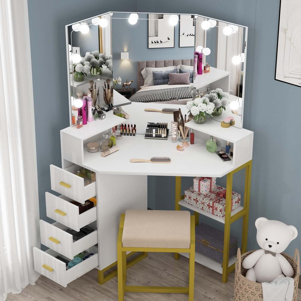 Premium Vanity Mirror with LED Lights White Gold ABS